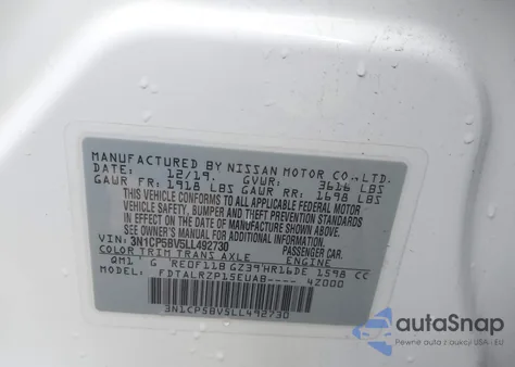 2020 Nissan Kicks S Xtronic Cvt z USA, uszkodzony, nr VIN 3N1CP5BV5LL492730